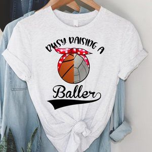 NEW Busy Raising A Baller Basketball Volleyball M medium ash unisex Bella Shirt